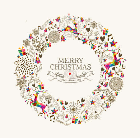 Vintage Christmas wreath garland shape with colorful reindeer and retro label greeting card. vector file organized in layers for easy editing.のイラスト素材