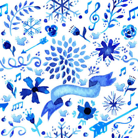 Hand drawn watercolor seamless pattern with flowers, snowflakes and elements decoration in blue. Ideal for fabric, wrapping paper and greeting card. EPS10 vector file with transparency layers.のイラスト素材