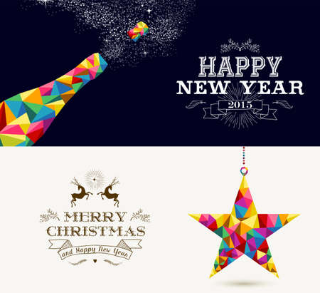 Happy New Year champagne splash and Merry Christmas shooting star in hipster triangle shapes. Useful holiday banners or cards design for season greetings. Vector organized in layers for easy editing.のイラスト素材