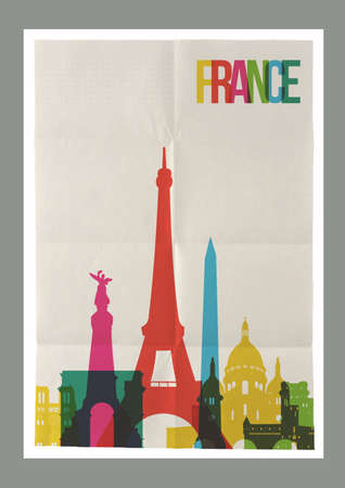 Travel France famous landmarks skyline on vintage paper sheet poster design background. Vector organized in layers for easy create your own postcard, brochure or marketing campaign.のイラスト素材
