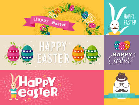 Set of colorful flat banners design for Happy Easter with flowers, eggs and rabbit elements. Ideal for greeting card, poster and website template. EPS10 vector file.のイラスト素材