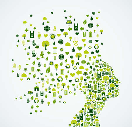 Woman head silhouette with ecology and environment app icons splash concept illustration. EPS10 vector file.のイラスト素材