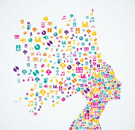 Woman head silhouette with music and sound app icons splash concept illustration. EPS10 vector file.のイラスト素材