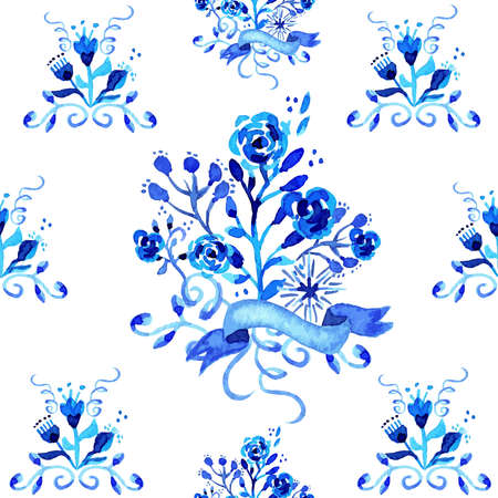 Watercolor vintage floral trendy illustration. Flowers and leaves hand made in blue color. Ideal for wedding, anniversary and birthday greeting card. EPS10 vector file.のイラスト素材