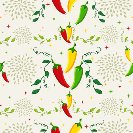 Mexican food seamless pattern background illustration with colorful chili pepper. Ideas for cover, fabric, poster and wrapping paper design. のイラスト素材