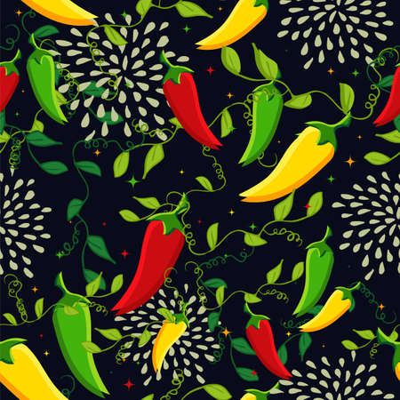 Mexican food seamless pattern background illustration with colorful chili pepper. Ideas for cover, fabric, poster and wrapping paper design. EPS10 vector file.のイラスト素材