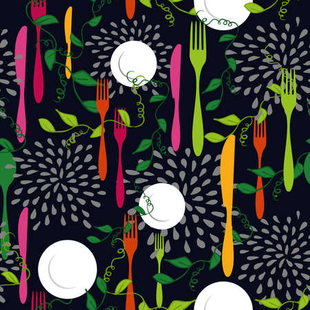 Food seamless pattern concept illustration with colorful silverware, dish and kitchen elements design. Ideas for restaurant menu, drink card, poster and book cover design. EPS10 vector file.のイラスト素材