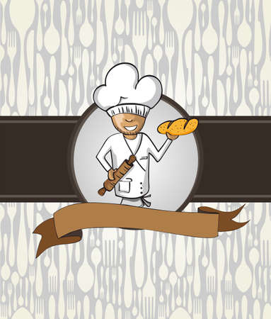 Baker chef cartoon badge. Hand drawn illustration for menu design. Vector file organized in layers for easy editing.のイラスト素材