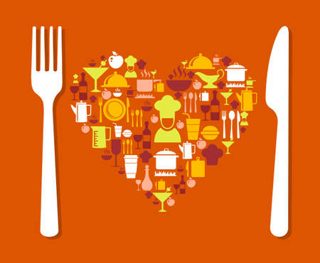 Love food icons illustration background. Ideal for restaurant menu, book cover and website. EPS 10 vector file.のイラスト素材
