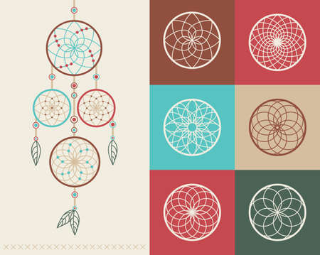 Set of Dream catcher boho colorful flat line style icons illustration. Ideal for t-shirt stamp, print poster and greeting card design. EPS10 vector file.のイラスト素材