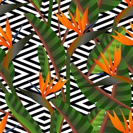 Colorful retro bird of the paradise flowers and geometric seamless pattern background. Ideal for fabric, wrapping paper and cover design. EPS10 vector file.のイラスト素材