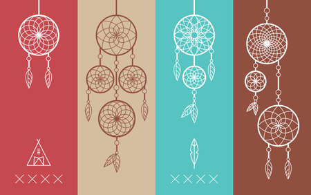 Set of Dream catcher boho icons simple line style illustration. Ideal for t-shirt stamp, print poster and greeting card design.  vector file.のイラスト素材