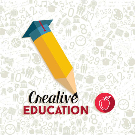 Back to school concept with creative pencil shape illustration and education icons seamless pattern background. EPS10 vector file.のイラスト素材