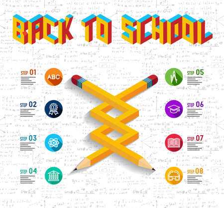 Back to school concept infographic with impossible pencil shape illustration and education elements seamless pattern background.  vector file.のイラスト素材