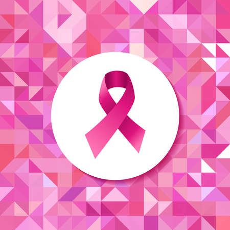 Breast cancer awareness campaign pink ribbon badge over seamless triangle retro hipster tiled pattern. EPS10 vector file.のイラスト素材