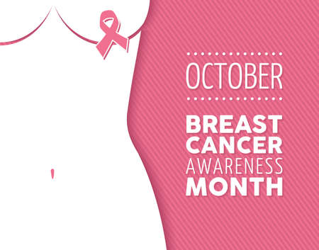 Breast cancer october awareness month campaign poster: ribbon sign and woman silhouette over pink cause background.  EPS10 vector file.のイラスト素材