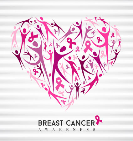 Breast cancer awareness campaign family love design of heart made with pink ribbon elements and silhouettes background. vector file.のイラスト素材