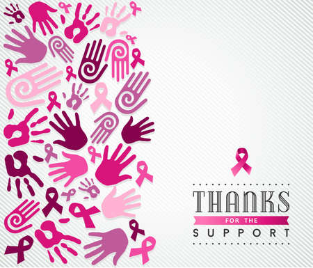 Global collaboration support concept illustration for breast cancer care. Hand and ribbon sign in pink colors. EPS10 vector file.のイラスト素材