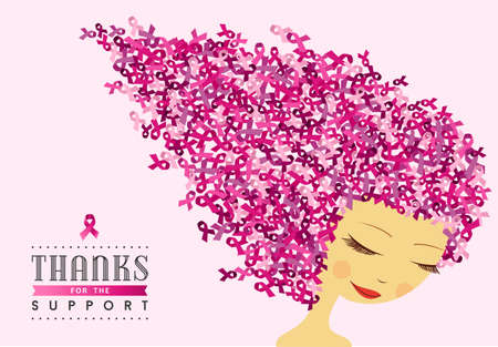 Healthy woman illustration design with pink ribbon hair for breast cancer awareness support campaign. EPS10 vector file.のイラスト素材