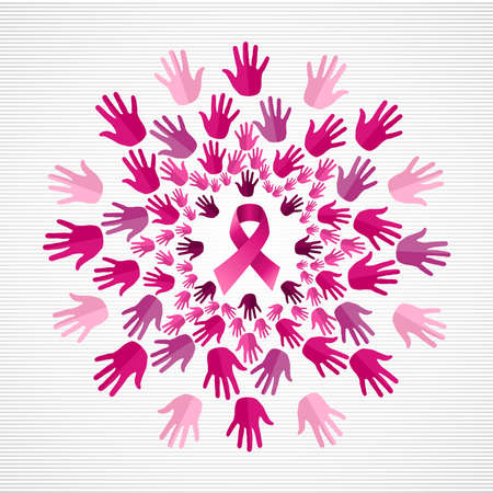 Breast cancer care pink hands team spirit concept in mandala shape with ribbon.  vector file.のイラスト素材