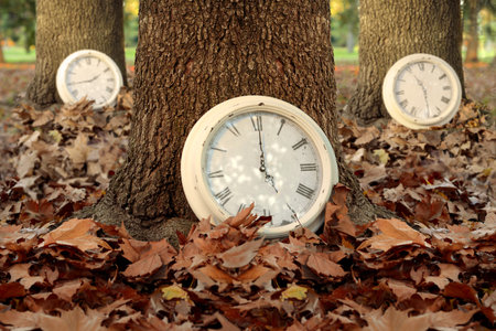 Fall time creative concept with clocks and trees on autumn leaf ground forest background. Ideal for...