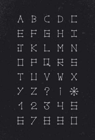 Simple modern font set with numbers in a contemporary geometric molecular dot style over blackboard background. EPS10 vector file.のイラスト素材