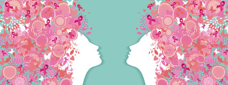 Healthy women face profile silhouette with pink hair ribbon and nature symbols for breast cancer awareness campaign. EPS10 vector file.のイラスト素材