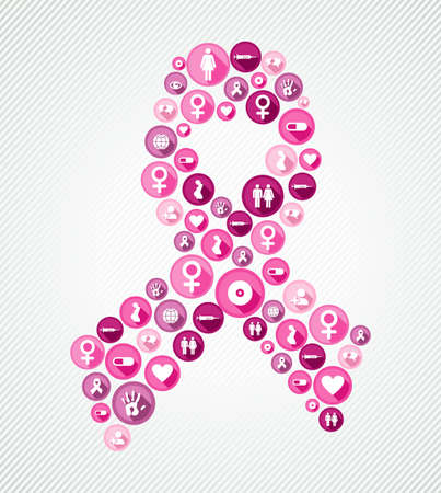 Pink ribbon made of flat icons related to breast cancer for awareness support. EPS10 vector.のイラスト素材