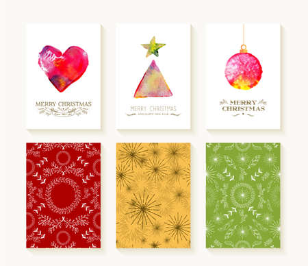 Merry christmas set of seamless patterns in monogram line art style and watercolor xmas ornaments. Ideal for holiday greeting cards, print, or wrapping paper. EPS10 vector file.のイラスト素材