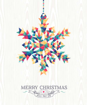 Merry Christmas trendy hipster snowflake made with colorful geometry triangles on wood background. Ideal for holiday greeting card, xmas poster or web template. EPS10 vector.