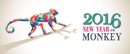 2016 Happy Chinese New Year of the Monkey banner with colorful hipster low poly triangle ape on tree branch and text. EPS10 vector.のイラスト素材