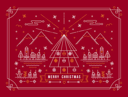 Merry christmas card in outline linear style. Mountain city design with xmas tree, snow, and holiday winter elements. EPS10 vector.のイラスト素材
