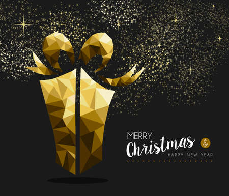 Merry christmas and happy new year fancy gold gift box in hipster triangle low poly style. Ideal for xmas greeting card or elegant holiday party invitation. EPS10 vector.のイラスト素材
