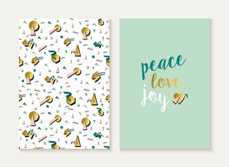 Merry Christmas and Happy new year card template set with vintage 80s style seamless pattern and...