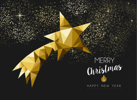 Merry christmas and happy new year fancy gold shooting star in hipster low poly triangle style. Ideal for xmas greeting card or elegant holiday party invitation. EPS10 vector.のイラスト素材