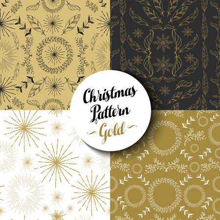 Merry Christmas seamless pattern set of fancy golden vintage designs: nature, firework explosion and boho elements. Ideal for Xmas greeting card, web, or holiday party invitation. EPS10 vector.のイラスト素材