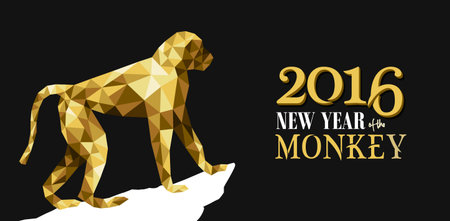 2016 Happy Chinese New Year of the Monkey with fancy golden low polygon triangle ape and label illustration. EPS10 vector.のイラスト素材
