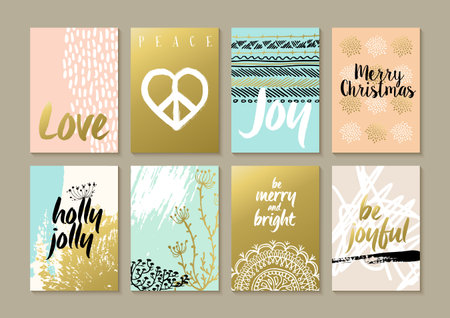 Merry Christmas retro hipster boho card template set with vintage hippie style elements and trendy...