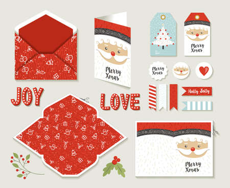 Merry christmas set of printable DIY envelope, tags and holiday greeting card for xmas season in cute retro style. EPS10 vector.のイラスト素材