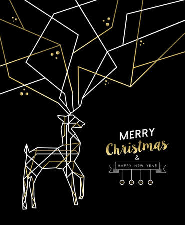 Merry Christmas Happy New Year gold and white deer outline art deco style antlers.のイラスト素材