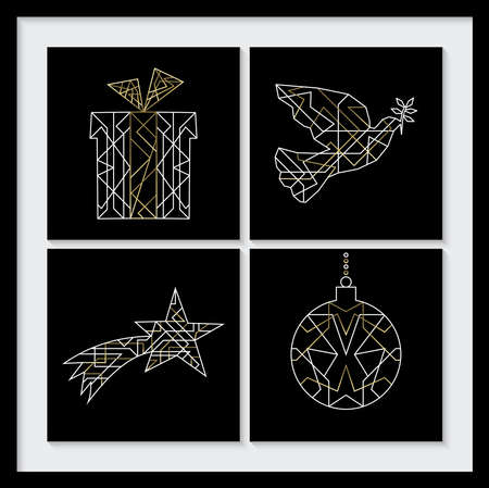 Merry Christmas design: black frame with xmas elements, dove, ornaments, star and gift in gold outline deco style.のイラスト素材