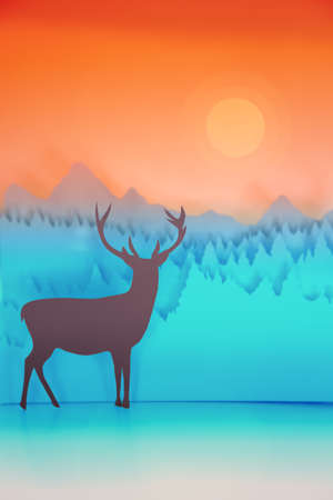 Paper cut handmade winter holiday illustration with deer in forest and sunset sky background. Ideal for Christmas greeting card, New Year, poster or campaign.の写真素材