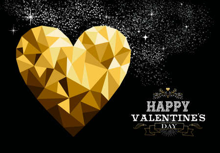 Happy valentines day love greeting card with heart shape design in gold low poly style and label decoration. EPS10 vector.のイラスト素材