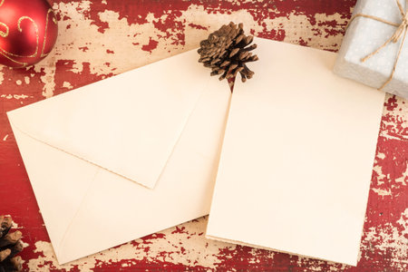 Christmas concept, top view empty greeting card envelope template with pine cone and holiday decoration on vintage grunge wood texture background.の写真素材