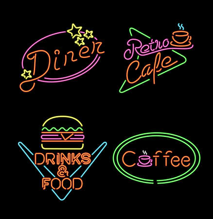 Retro neon light set, vintage signs and symbols for food business, coffee, hamburger, restaurant, diner.のイラスト素材