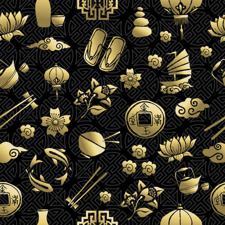 Gold chinese cultural icons seamless pattern, traditional asian elements on black background. のイラスト素材