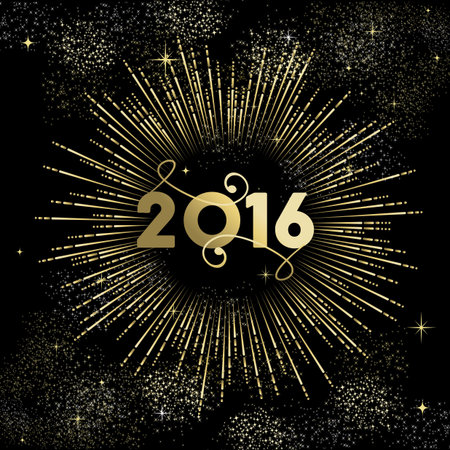 Happy New Year 2016 greeting card design, gold firework explosion with star and sparkles. のイラスト素材
