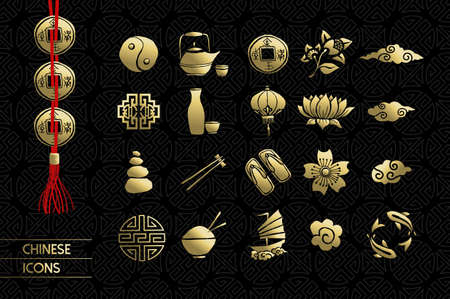 Gold chinese icons set. Includes lotus flower, traditional culture elements and decoration. のイラスト素材