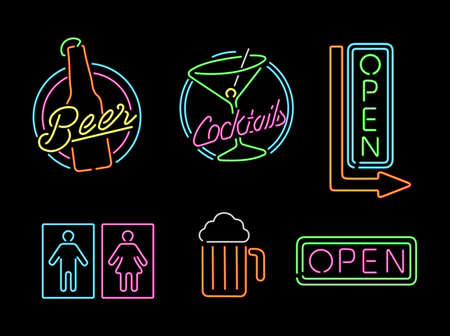 Set of retro style neon light outline sign icons for bar, beer, open business, cocktail and bathroom symbol. のイラスト素材