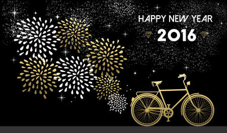 Happy New Year 2016, gold greeting card design with bike silhouette and fireworks in night sky background. EPS10 vector.のイラスト素材